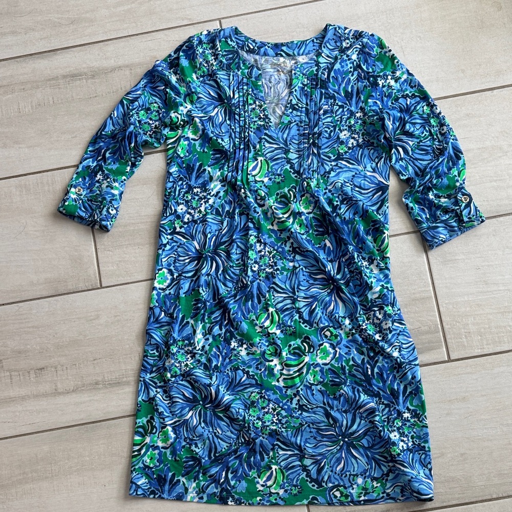 Blue & Green Floral V-Neck Women’s Dress